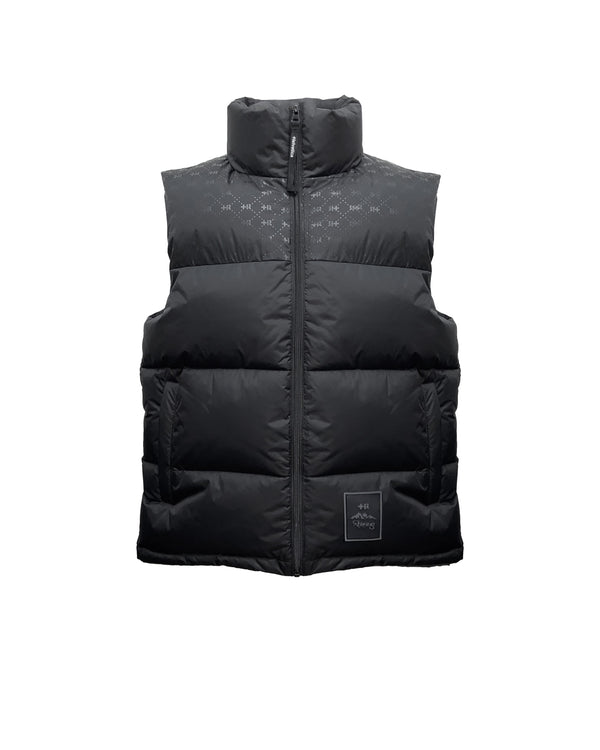 REDFILLS X HELVETICA PATTERN BLACK SLEEVELESS PUFFY JACKET
