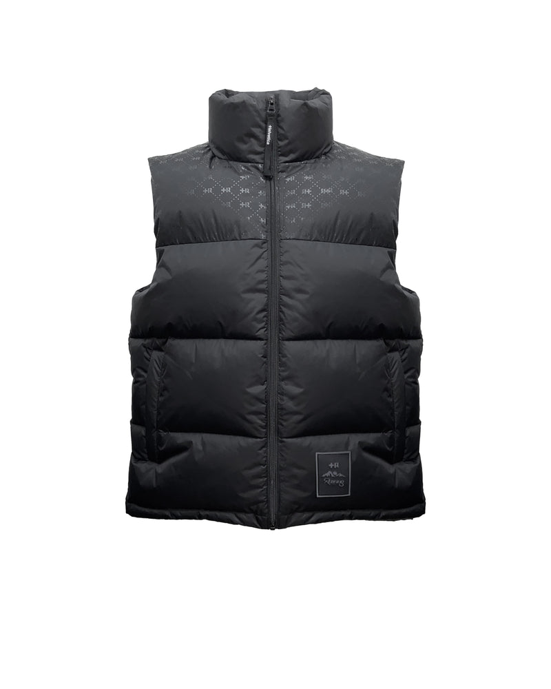 REDFILLS X HELVETICA PATTERN BLACK SLEEVELESS PUFFY JACKET