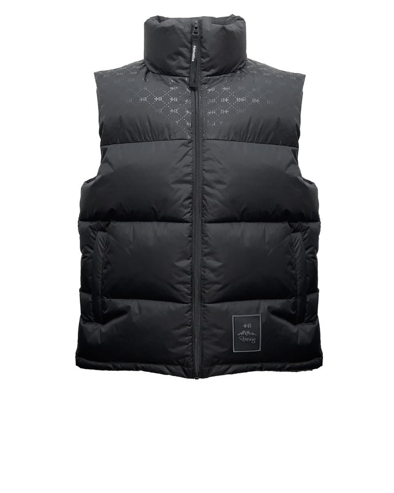 REDFILLS X HELVETICA PATTERN BLACK SLEEVELESS PUFFY JACKET
